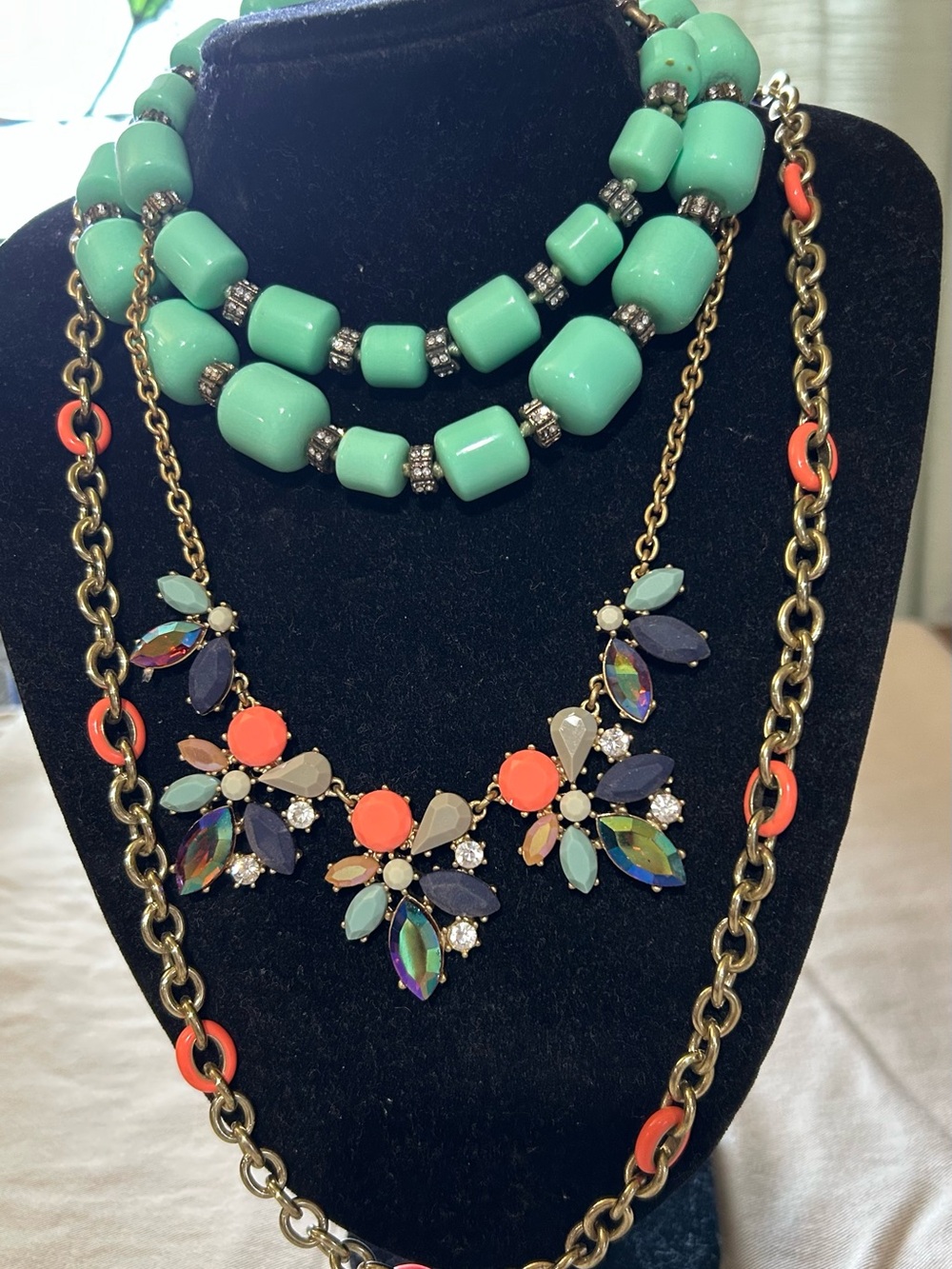 J. Crew Lot Bundle 3 Vintage Necklace in Green Coral Link Enamel